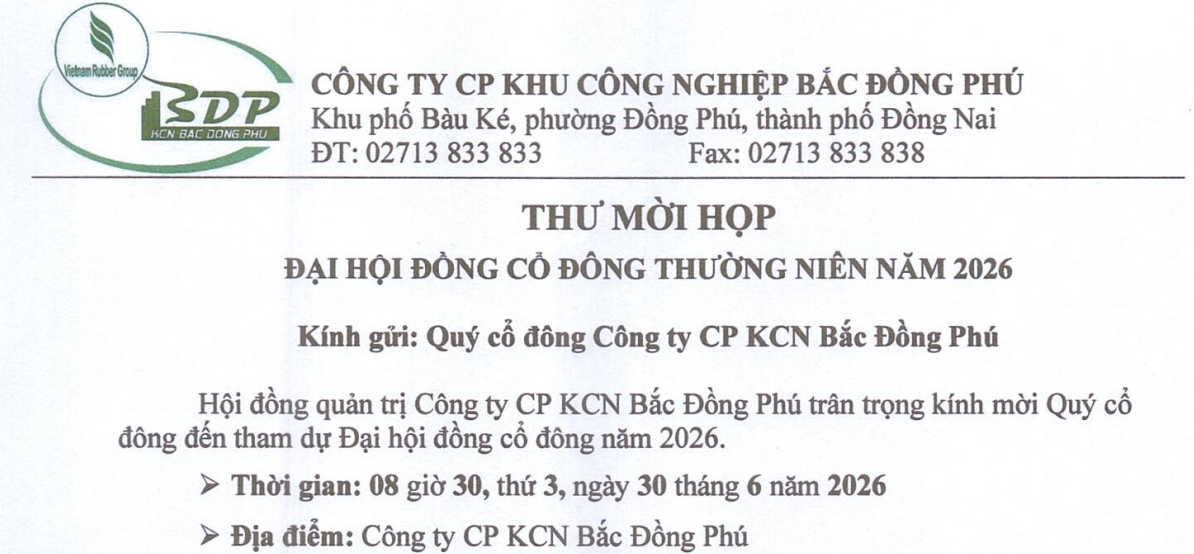 THƯ MỜI HỌP ĐẠI HỘI CỔ ĐÔNG THƯỜNG NIÊN 2026