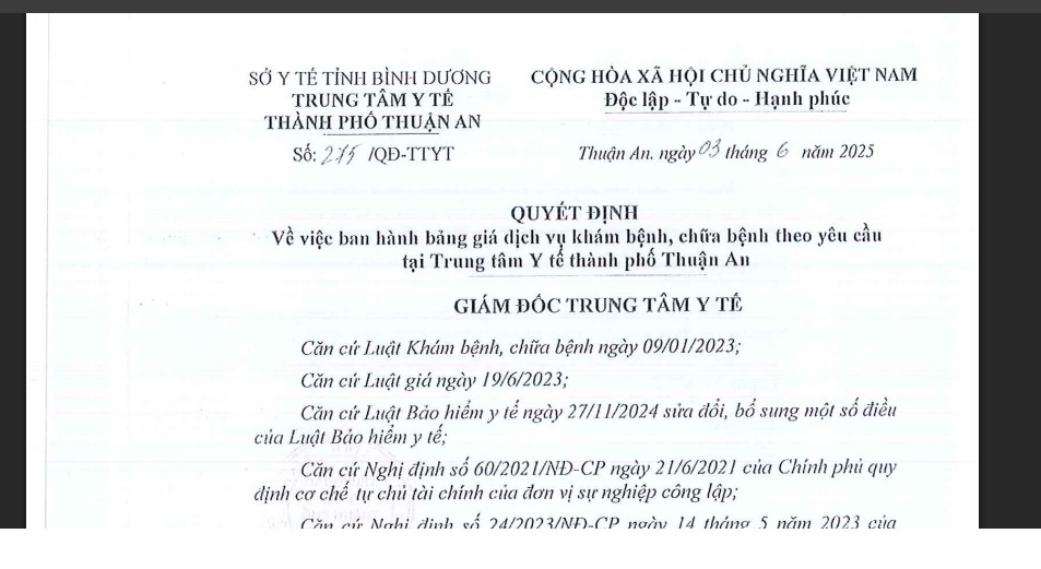 THÔNG BÁO SỐ 275 về việc ban hành bảng giá dịch vụ khám bệnh, chữa bệnh theo yêu cầu tại Trung tâm Y tế thành phố Thuận An