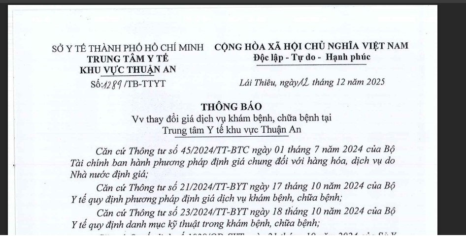 TB 1289 Thay đổi giá dịch vụ khám bệnh, chữa bệnh tại Trung tâm y tế khu vực Thuận an
