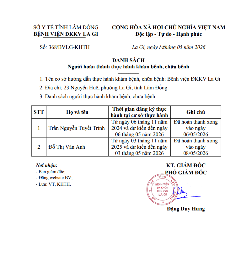 Thông báo số 368/BVLG-KHTH La Gi, ngày tháng 05 năm 2026 Danh sách Người hoàn thành thực hành khám bệnh, chữa bệnh 