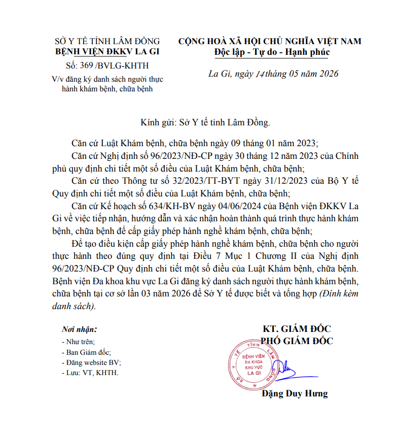 Thông báo số 369/BVLG-KHTH La Gi, ngày tháng 05 năm 2026 V/v đăng ký danh sách người thực hành khám bệnh, chữa bệnh