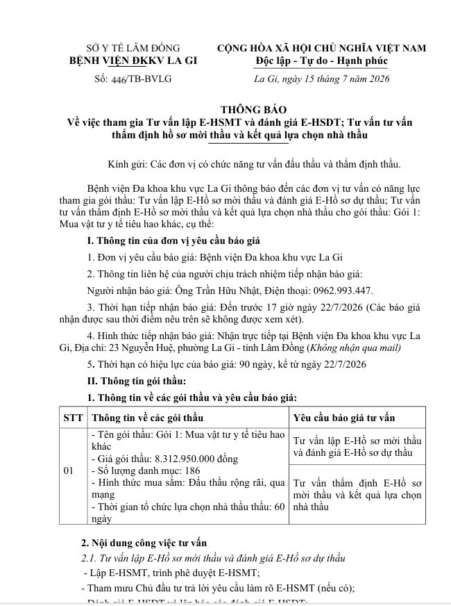 Thông báo số 446/TB-BVLG Về việc tham gia Tư vấn lập E-HSMT và đánh giá E-HSDT; Tư vấn tư vấn thẩm định hồ sơ mời thầu và kết quả lựa chọn nhà thầu gói 1