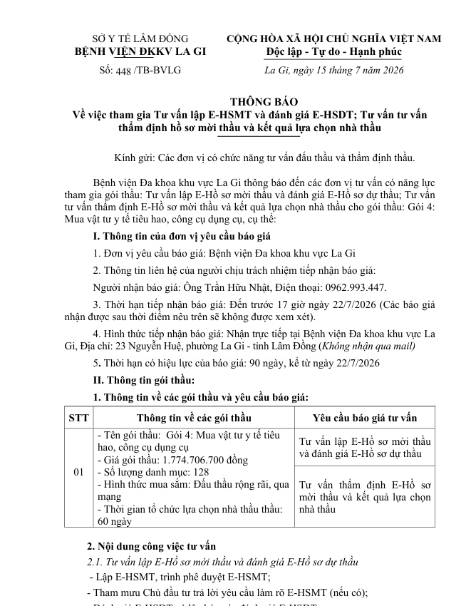 Thông báo số 448/TB-BVLG Về việc tham gia Tư vấn lập E-HSMT và đánh giá E-HSDT; Tư vấn tư vấn thẩm định hồ sơ mời thầu và kết quả lựa chọn nhà thầu gói 4