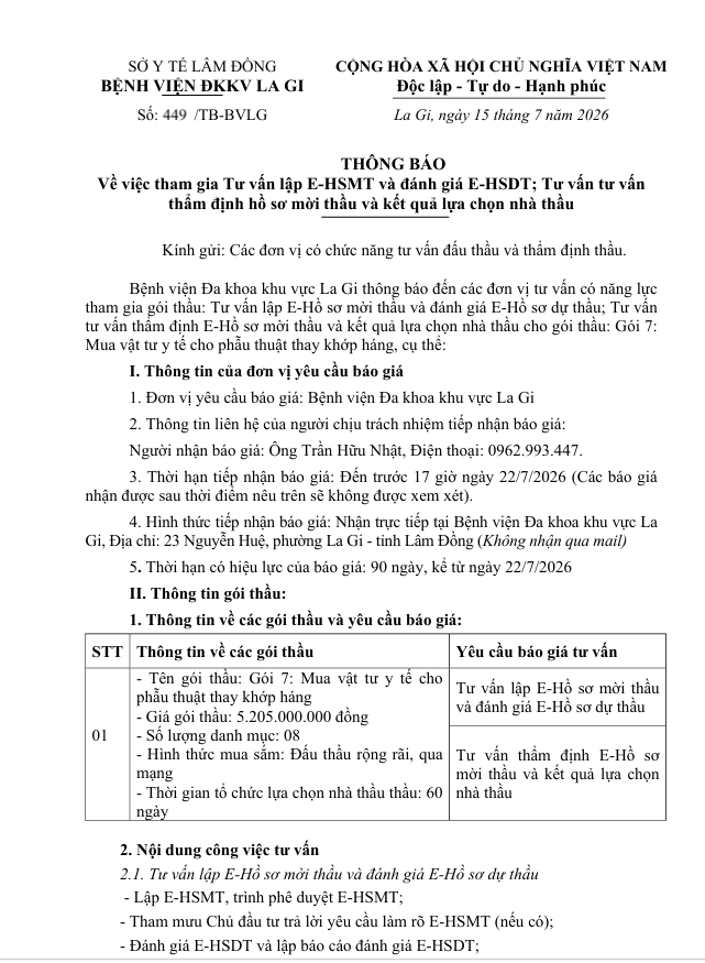 Thông báo số 449/TB-BVLG Về việc tham gia Tư vấn lập E-HSMT và đánh giá E-HSDT; Tư vấn tư vấn thẩm định hồ sơ mời thầu và kết quả lựa chọn nhà thầu gói 7