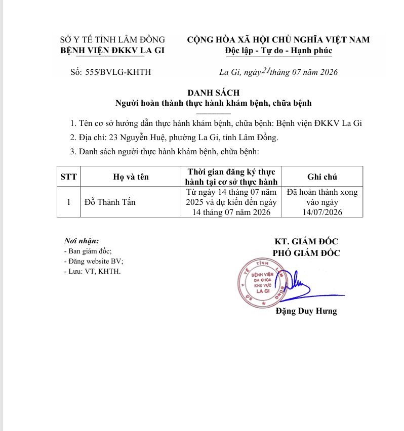 Thông báo số 555/TB-BVLG Người hoàn thành thực hành khám bệnh, chữa bệnh 