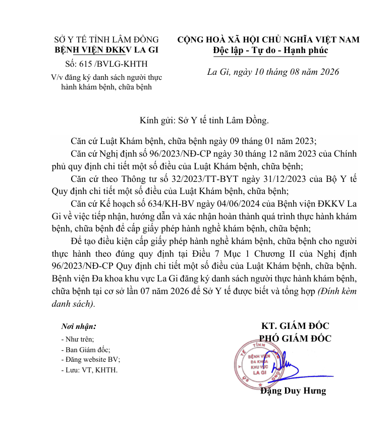 Thông báo số 615/BVLG-KHTH V/v đăng ký danh sách người thực hành khám bệnh, chữa bệnh tháng 8