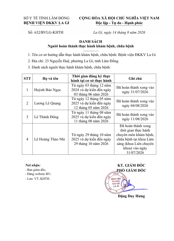 Thông báo số 632/BVLG-KHTH Danh sách Người hoàn thành thực hành khám bệnh, chữa bệnh 
