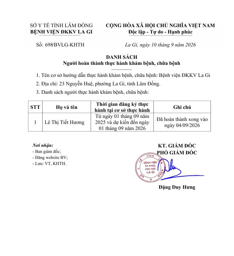 Thông báo số 698/BVLG-KHTH Danh sách người thực hành khám chữa bệnh 