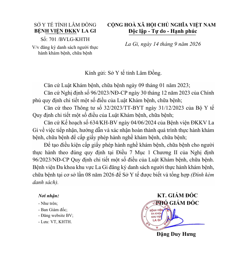 Thông báo số 701 V/v đăng ký danh sách người thực hành khám bệnh, chữa bệnh