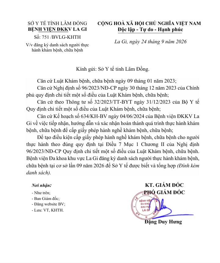 Thông báo số 751/BVLG-KHTH V/v đăng ký danh sách người thực hành khám bệnh, chữa bệnh tại cơ sở lần 09 năm 2026