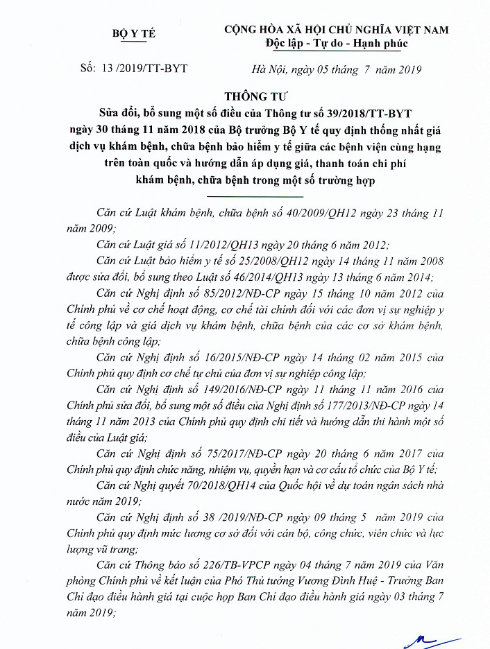 Thông tư sửa đổi, bổ sung một số điều của Thông tư số 39/2018/TT-BYT ngày 30 tháng 11 năm 2018 của Bộ trưởng Bộ Y tế quy định thống nhất giá dịch vụ khám bệnh, chữa bệnh bảo hiểm y tế giữa các bệnh viện cùng hạng trên toàn quốc