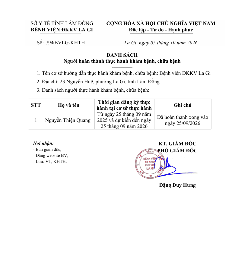 DANH SÁCH Người hoàn thành thực hành khám bệnh, chữa bệnh 