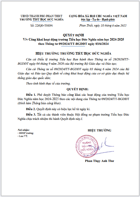 Quyết định về việc công khai hoạt động trường Tiểu học Đức năm học 2024-2025 theo Thông tư 09/2024/TT-BGDĐT ngày 03/6/2024