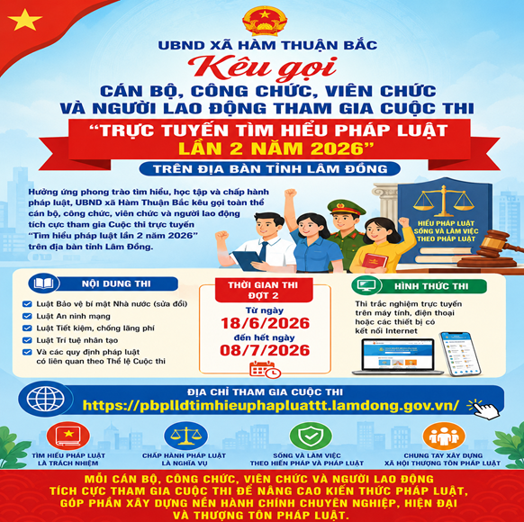XÃ HÀM THUẬN BẮC PHÁT ĐỘNG CÁN BỘ, CÔNG CHỨC, VIÊN CHỨC, NGƯỜI LAO ĐỘNG VÀ NHÂN DÂN THAM GIA CUỘC THI “TRỰC TUYẾN TÌM HIỂU PHÁP LUẬT LẦN 2 NĂM 2026 DO TỈNH LÂM ĐỒNG TỔ CHỨC