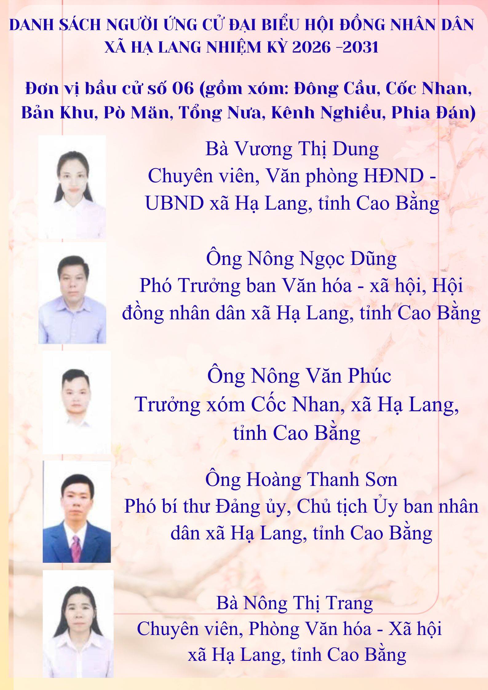 DANH SÁCH CHÍNH THỨC NHỮNG NGƯỜI ỨNG CỬ ĐẠI BIỂU HỘI ĐỒNG NHÂN DÂN XÃ HẠ LANG KHÓA II, NHIỆM KỲ 2026 - 2031. ĐƠN VỊ BẦU CỬ SỐ 06