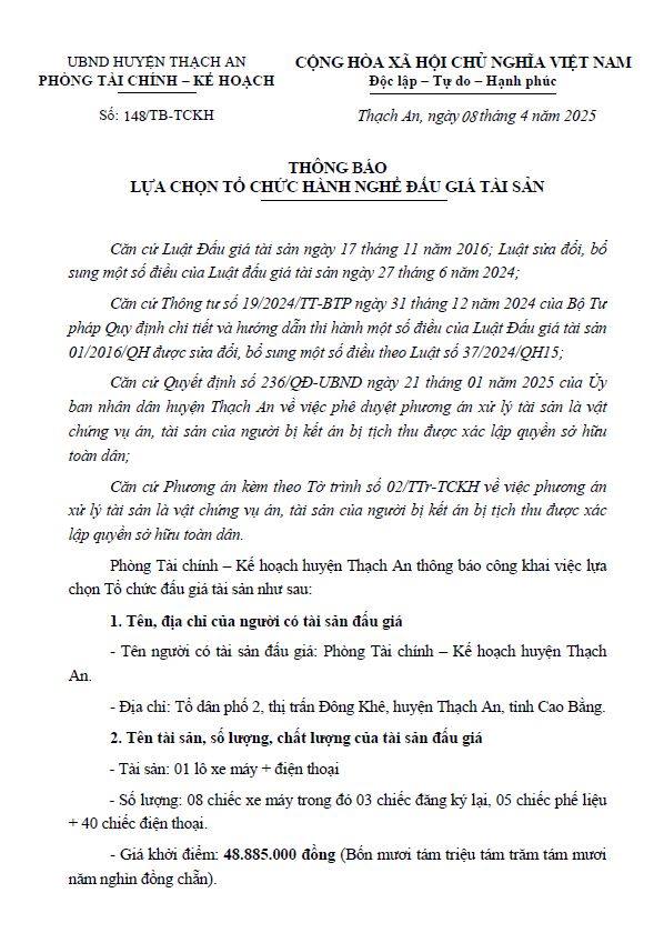 Thông báo lựa chọn tổ chức hành nghề đấu giá tài sản