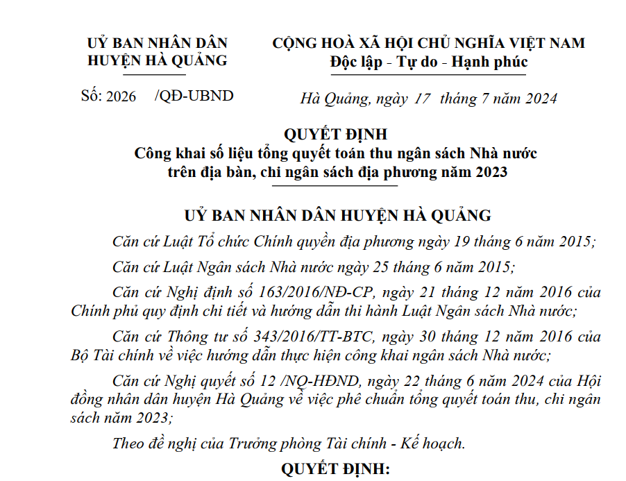 Quyết định Công khai số liệu tổng quyết toán thu ngân sách Nhà nước trên địa bàn, chi ngân sách địa phương năm 2023