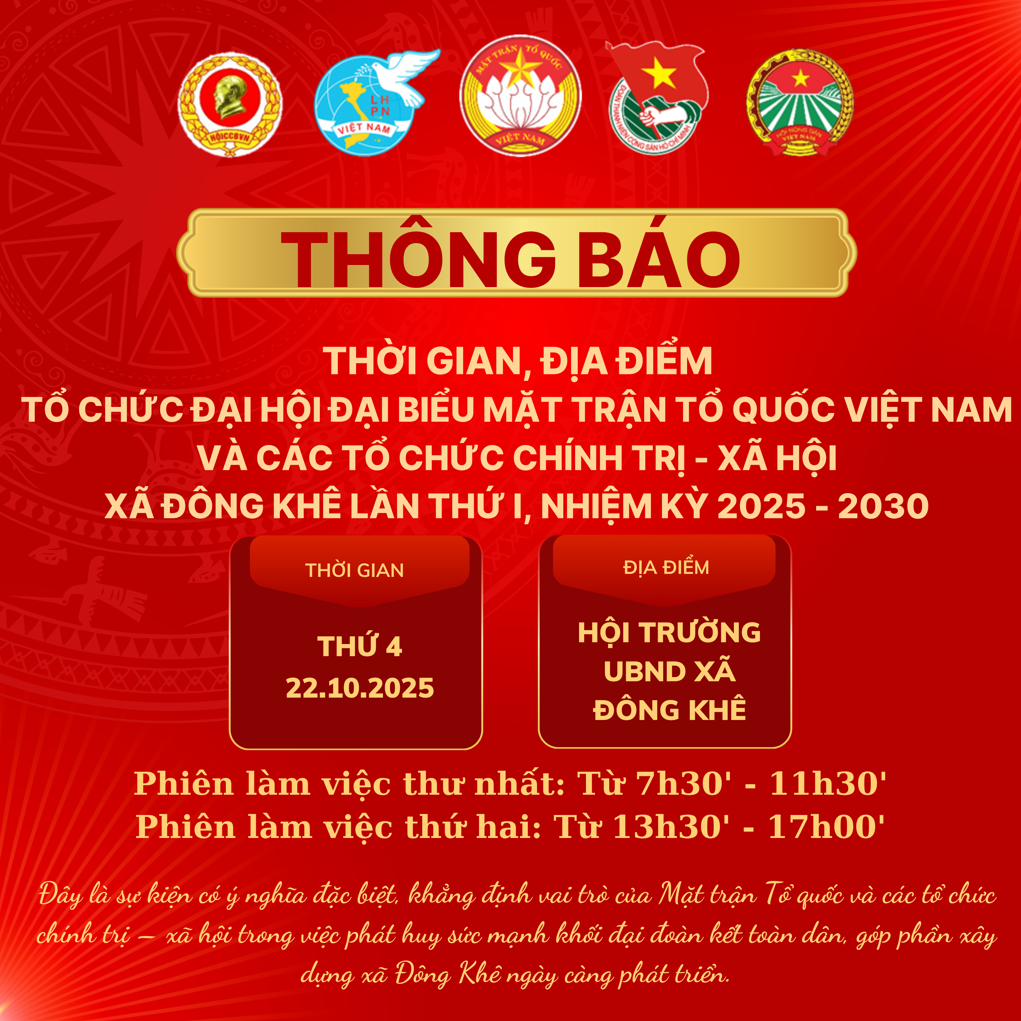 Thông báo thời gian, địa điểm tổ chức Đại hội đại biểu Mặt trận Tổ quốc Việt Nam và các tổ chức chính trị - xã hội xã Đông Khê lần thứ I, nhiệm kỳ 2025 - 2030