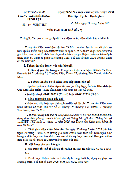 Yêu cầu báo giá (lần 2)