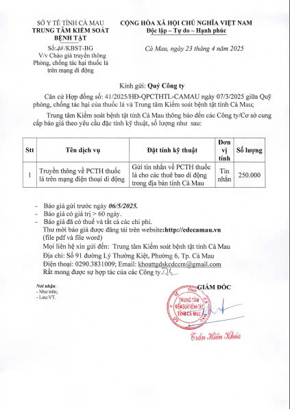 Chào giá truyền thông Phòng, chống tác hại thuốc lá trên mạng di động