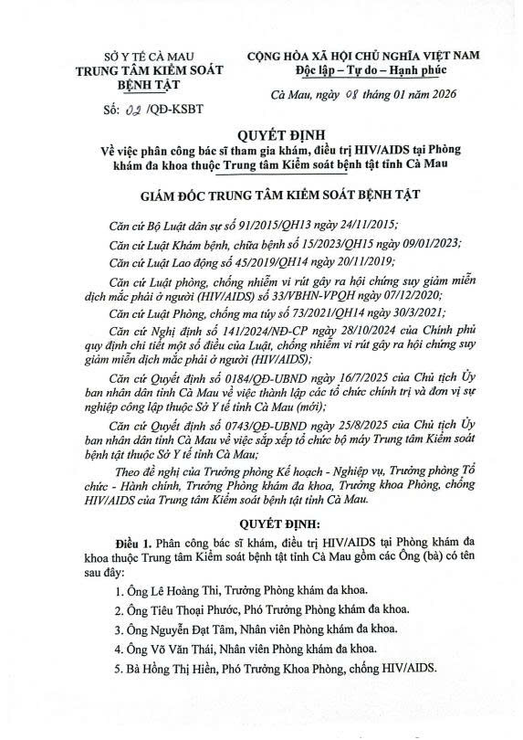 Quyết định phân công bác sĩ tham gia khám, điều trị HIV/AIDS tại Phòng khám đa khoa