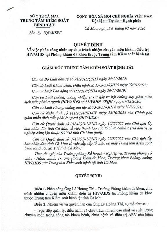 Quyết định phân công nhân sự chịu trách nhiệm chuyên môn khám, điều trị HIV/AIDS tại Phòng khám đa khoa
