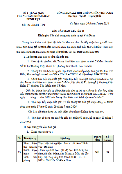Yêu cầu báo giá (lần 2)