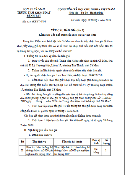 Yêu cầu báo giá (lần 2)