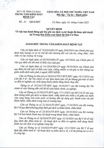 Bảng giá thu phí các dịch vụ kỹ thuật