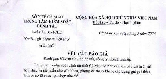 Yêu cầu báo giá photo tài liệu phục vụ tập huấn