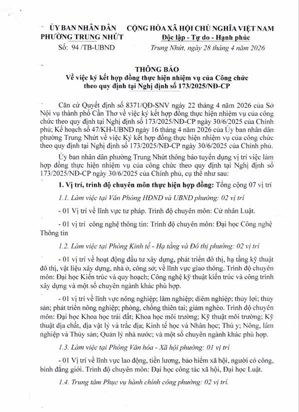Ủy ban nhân dân phường Trung Nhứt Thông báo về việc thực hiện hợp đồng nhiệm vụ của Công chức theo quy định tại Nghị định số 173/2025/NĐ-CP
