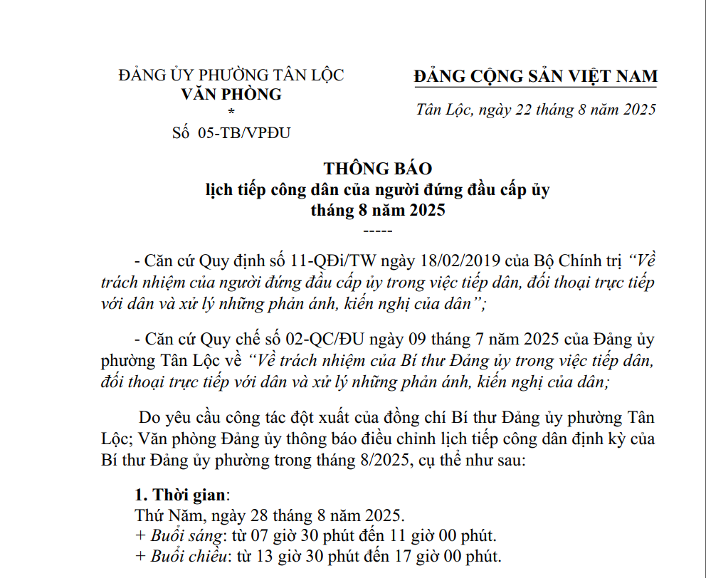 Đảng Uỷ Phường Tân Lộc Thông Báo Lịch Tiếp Công Dân Định Kỳ Tháng 8