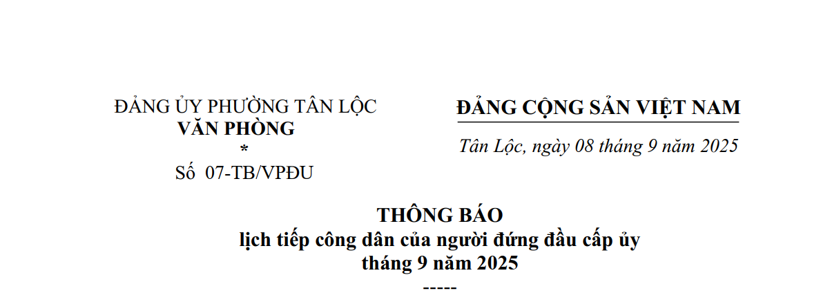 Thông Báo Lịch Tiếp Công Dân Của Người Đứng Đầu Cấp Uỷ Tháng 9 Năm 2025 Của Đảng Uỷ phường Tân Lộc