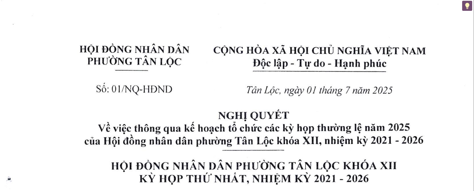 Nghị Quyết về việc thông qua kế hoạch tổ chức các kỳ họp thường lệ năm 2025 của Hội đồng nhân dân phường Tân Lộc khoá XII, nhiệm kỳ 2021 - 2026