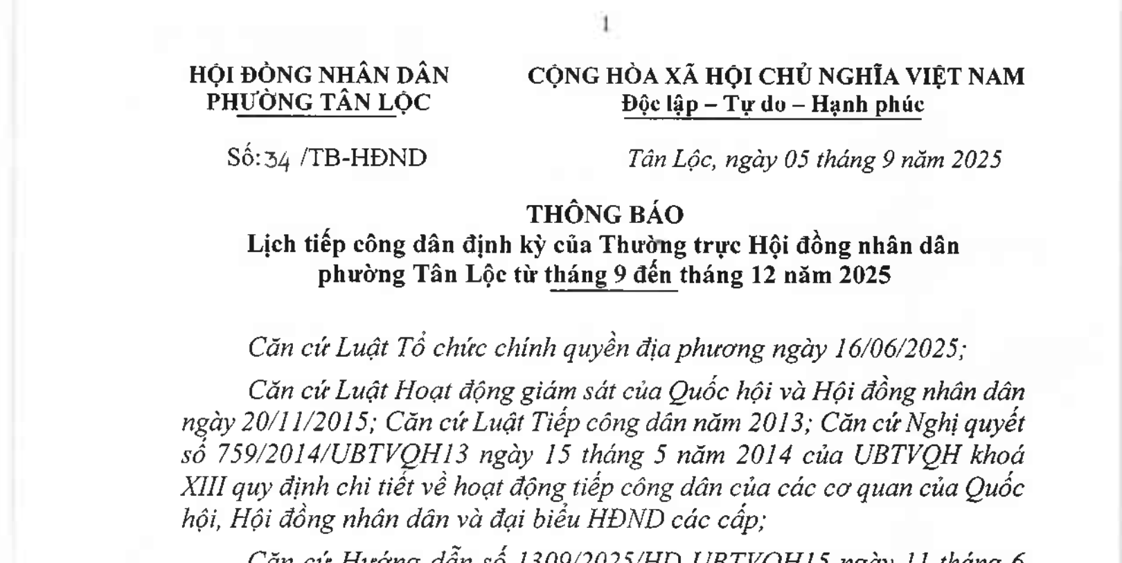 Thông Báo Lịch Tiếp Công Dân Định Kỳ của thường trực HĐND phường Tân Lộc từ tháng 9 đến tháng 12 năm 2025