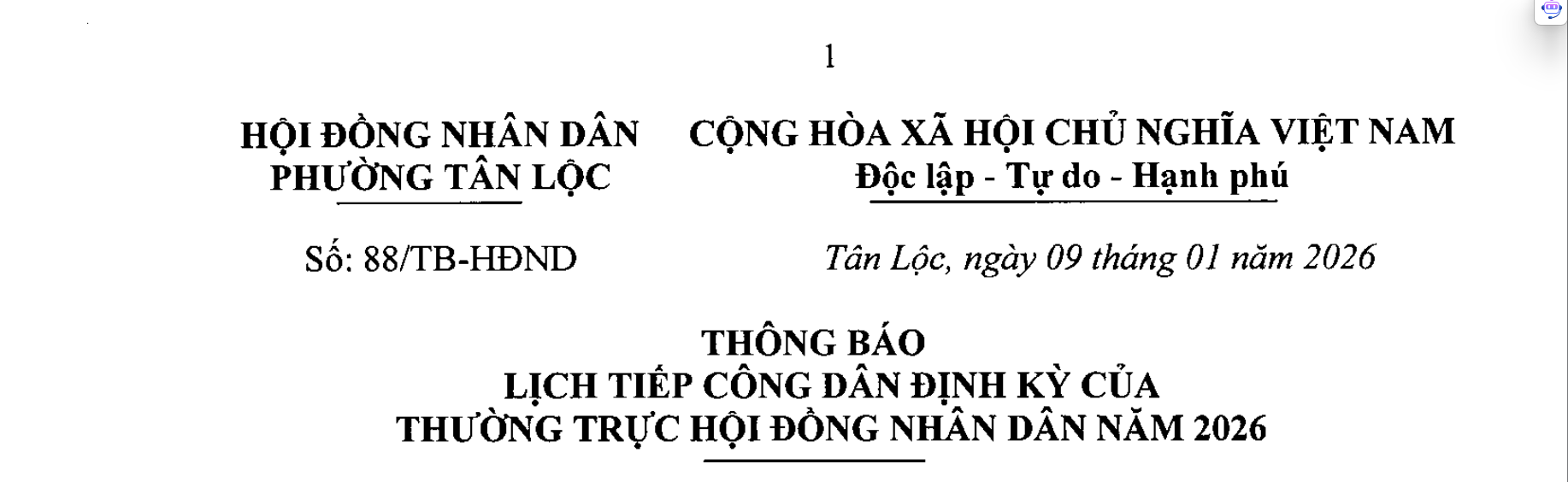 THÔNG BÁO LỊCH TIẾP CÔNG DÂN ĐỊNH KỲ CỦA THƯỜNG TRỰC HỘI ĐỒNG NHÂN DÂN NĂM 2026