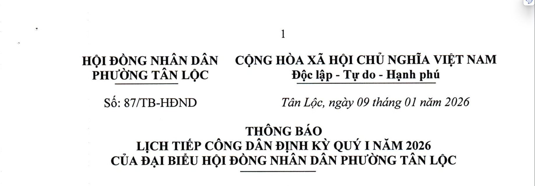 THÔNG BÁO LỊCH TIẾP CÔNG DÂN ĐỊNH KỲ QUÝ I NĂM 2026 CỦA ĐẠI BIỂU HỘI ĐÒNG NHÂN DÂN PHƯỜNG TÂN LỘC