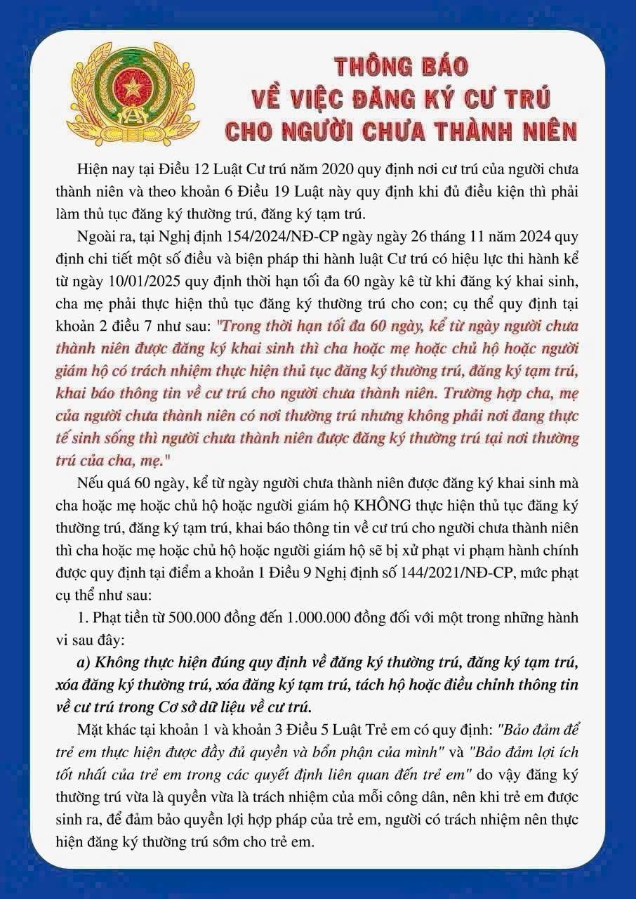 Thông báo việc đăng ký cư trú cho người chưa thành niên