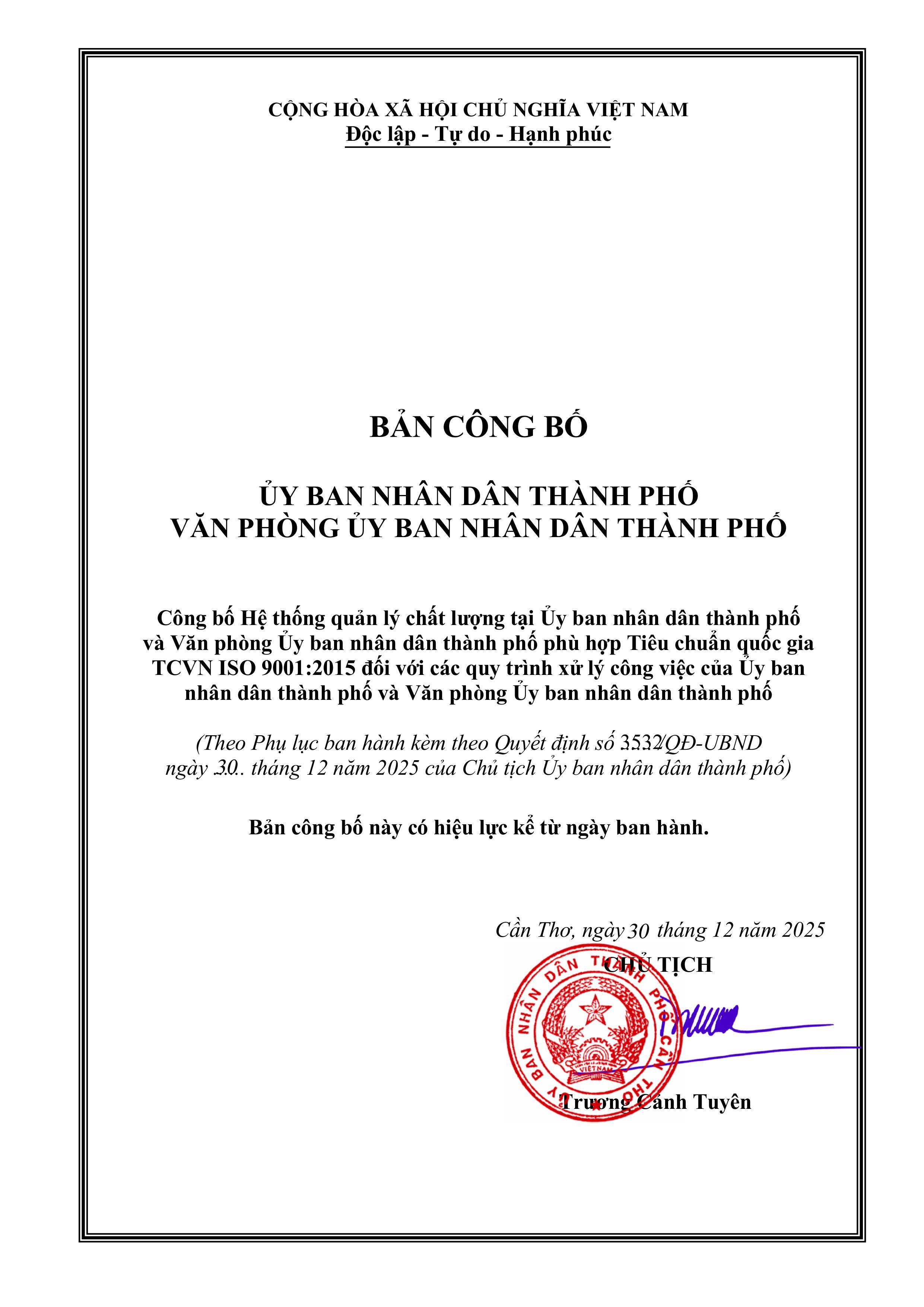 Công bố Hệ thống quản lý chất lượng theo Tiêu chuẩn quốc gia TCVN ISO 9001:2015 