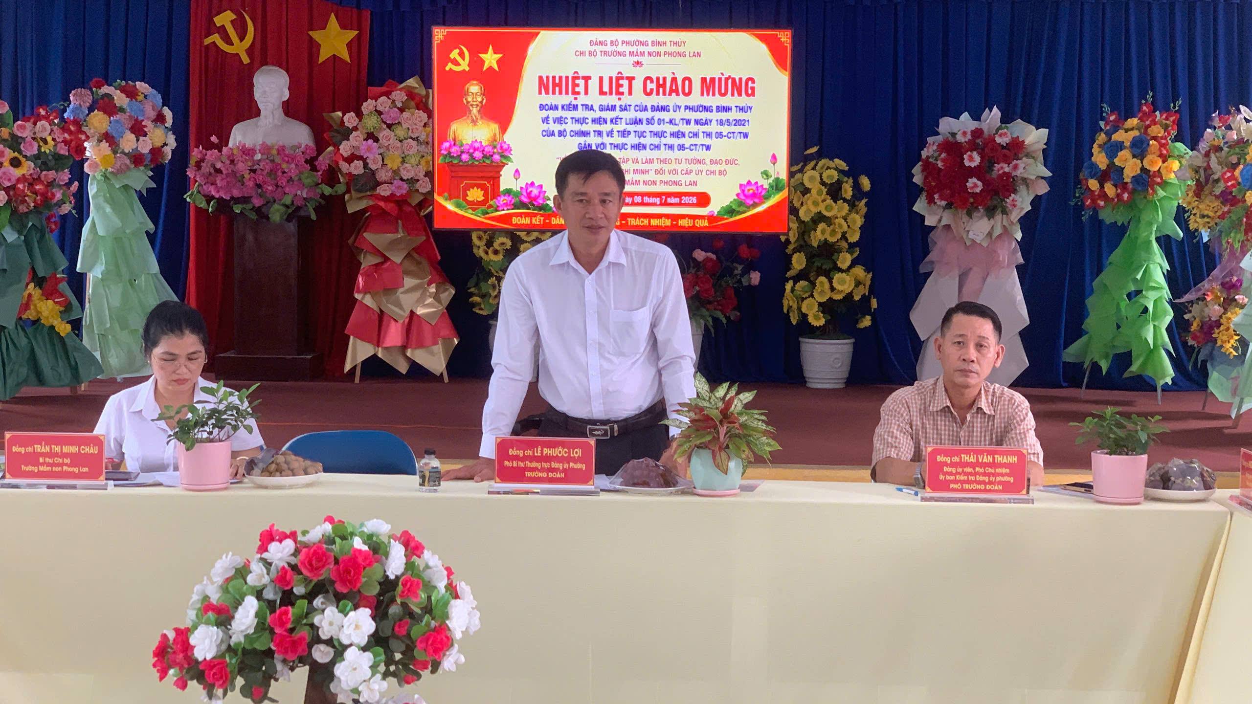 Đoàn Kiểm tra Ban Thường vụ Đảng ủy phường Bình Thủy kiểm tra việc thực hiện Kết luận số 01 tại Chi bộ Trường mầm non Phong Lan