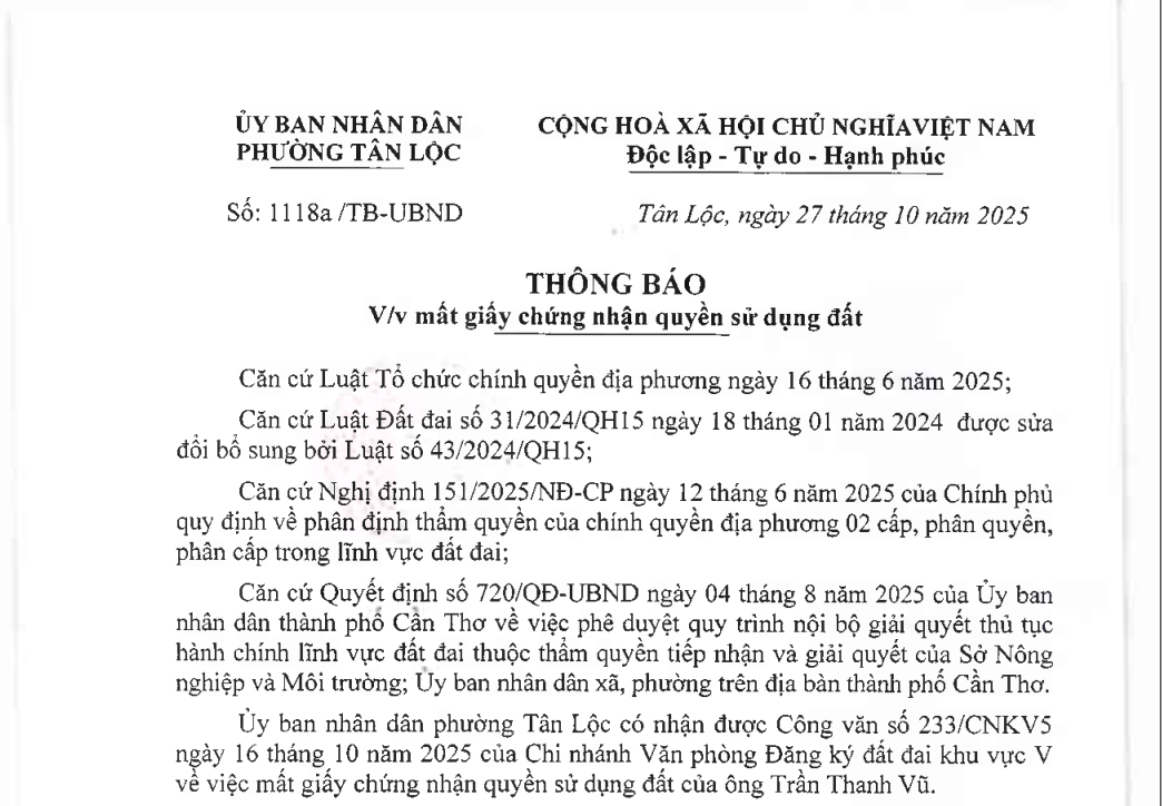 Thông Báo về việc mất giấy chứng nhận quyền sử dụng đất