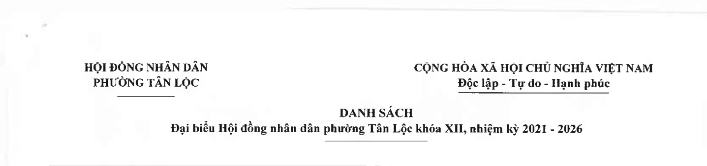 Danh Sách Đại biểu Hội đồng nhân dân phường Tân Lộc khoá XII, nhiệm kỳ 2021 - 2026