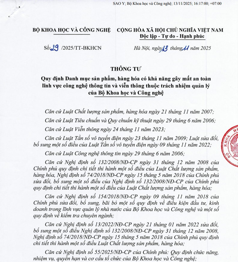 Thông tư quy định Danh mục sản phẩm, hàng hóa có khả năng cao gây mất an toàn trong lĩnh vực công nghệ thông tin và viễn thông thuộc trách nhiệm quản lý của bộ Khoa học và Công nghệ