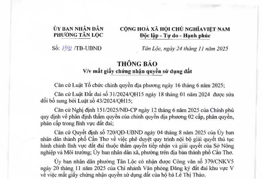 Thông Báo về việc mất giấy chứng nhận quyền sử dụng đất
