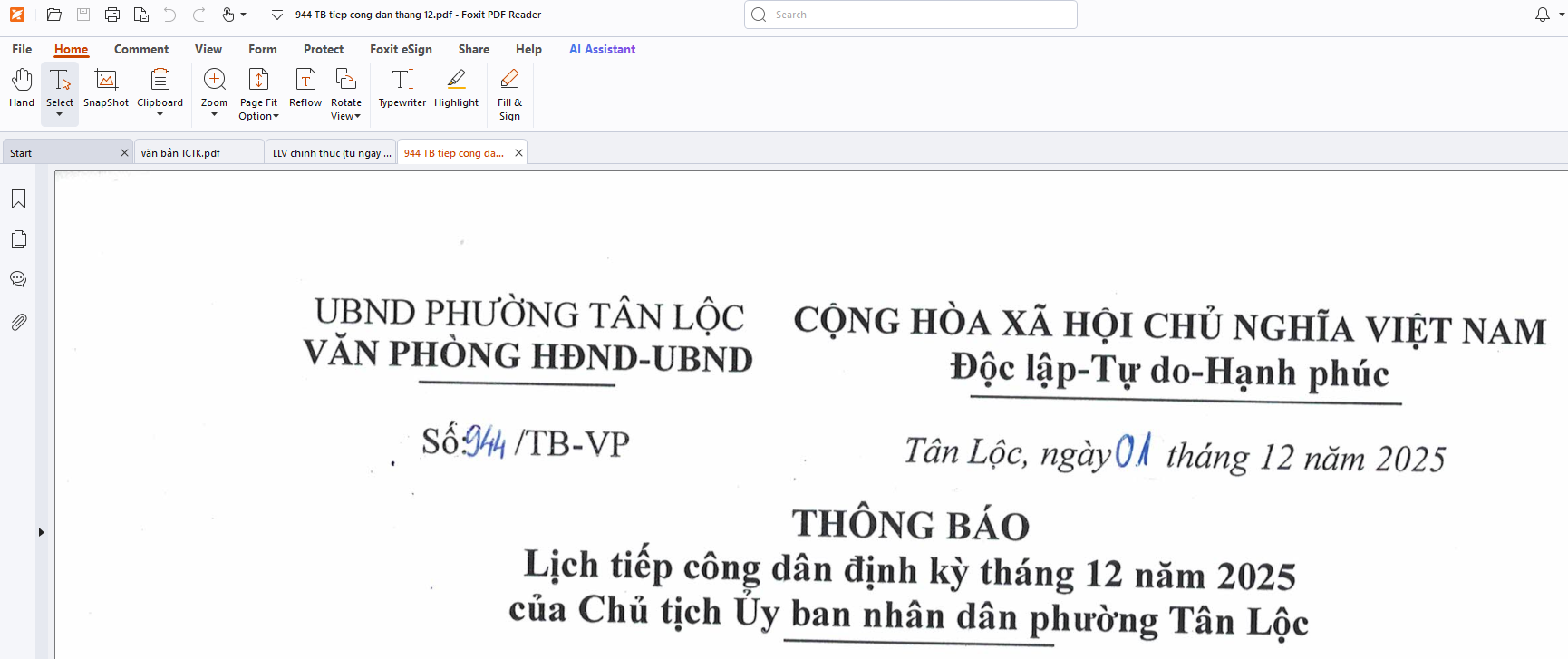 Thông Báo Lịch Tiếp Công Dân Định Kỳ Tháng 12 Của Chủ Tịch Ủy Ban Nhân Dân Phường Tân Lộc