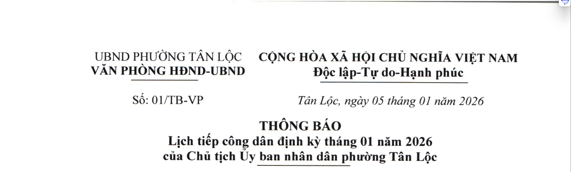 Thông Báo Lịch Tiếp Công Dân Định Kỳ Tháng 01 Năm 2026 Của Chủ Tịch Ủy Ban Nhân Dân Phường Tân Lộc