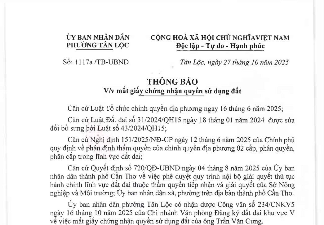 Thông Báo về việc mất giấy chứng nhận quyền sử dụng đất