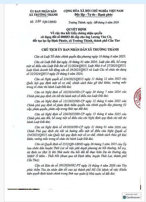 Quyết định thu hồi Giấy chứng nhận quyền sử dụng đất số 000853 đã cấp cho ông Lương Văn Cừ, đất tọa lạc ấp Định Phước, xã Trường Thành, thành phố Cần Thơ