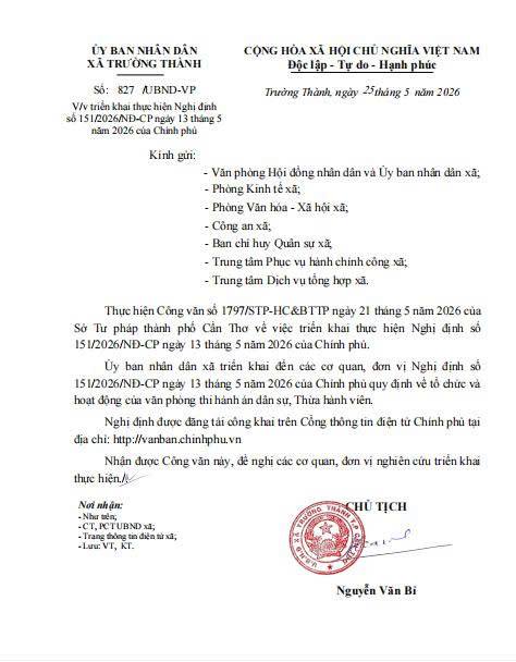 Xã Trường Thành triển khai thực hiện Nghị định số 151/2026/NĐ-CP ngày 13 tháng 5 năm 2026 của Chính phủ