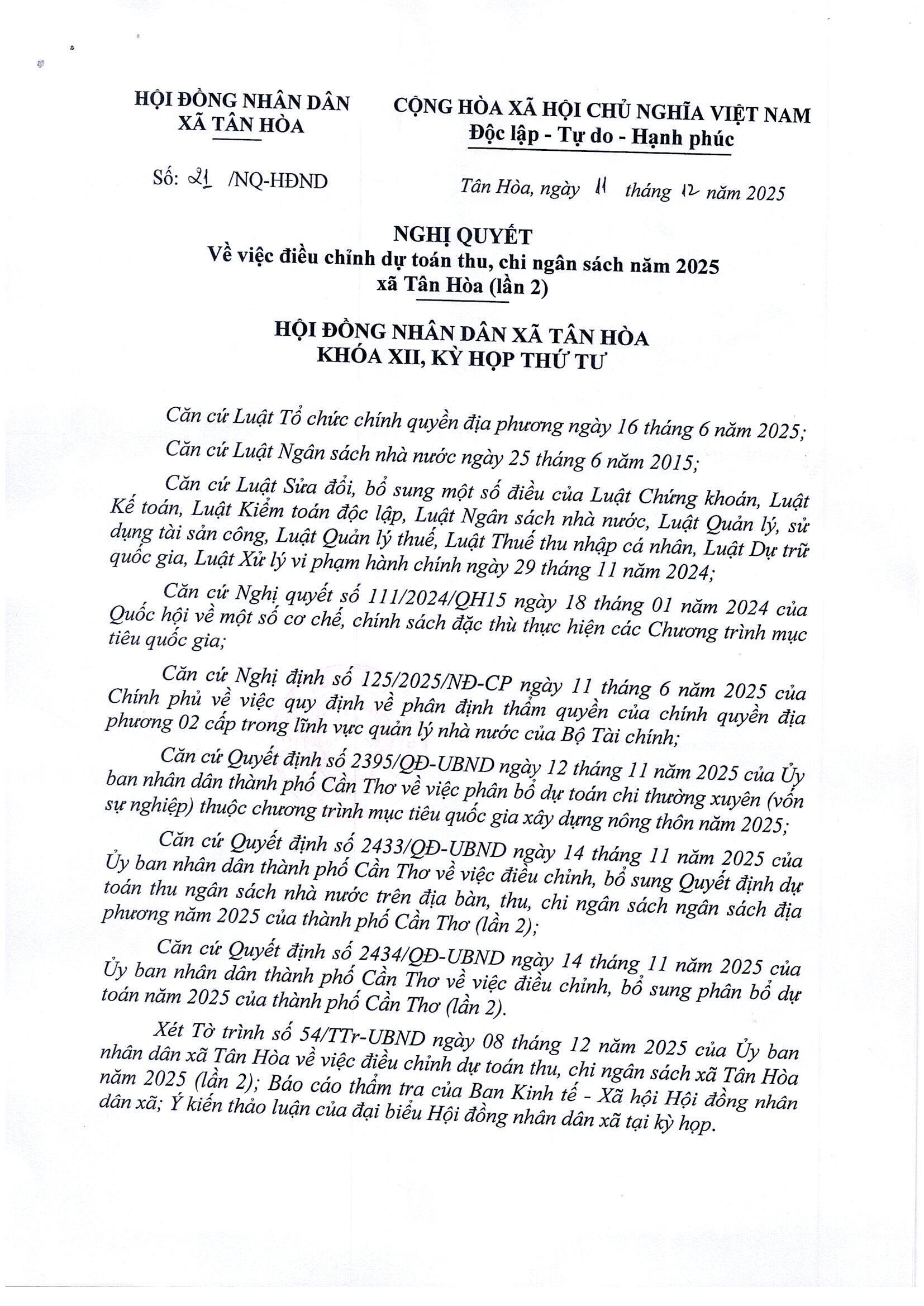 Điều chỉnh dự toán thu, chi ngân sách năm 2025 xã Tân Hòa (lần 2)